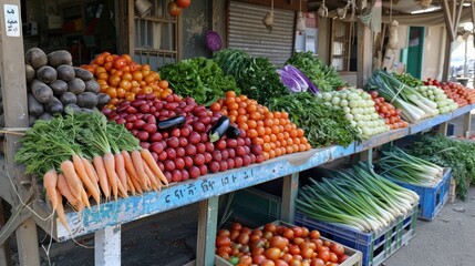 A market stall full of fresh vegetables, including carrots, lettuce, tomatoes, and eggplants