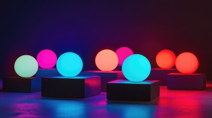 Poster - A futuristic high-contrast shot of neon spheres glowing in vibrant hues, placed on sleek geometric platforms for a minimalist yet impactful design