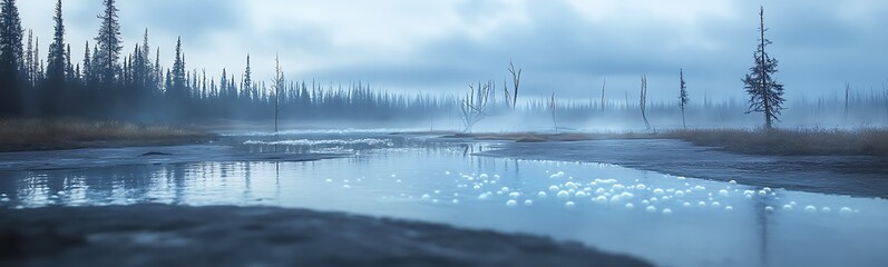 Poster - A serene landscape featuring a misty body of water surrounded by trees, embodying tranquility and the beauty of nature.