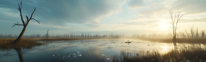 Poster - A serene landscape featuring a misty lake, silhouetted trees, and soft sunlight breaking through the clouds, creating a tranquil atmosphere.