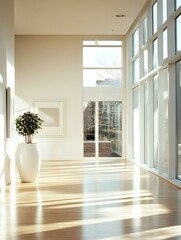 Wall Mural - A spacious, elegant art room with floor-to-ceiling windows and a white frame hanging symmetrically.