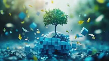 Aufkleber - A globe with a tree sprouting from it, surrounded by falling leaves and geometric blue cubes, symbolizing growth and nature