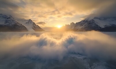 Aufkleber - A breathtaking sunset over icy mountains, with waves crashing and mist rising, creating a serene and dramatic atmosphere.
