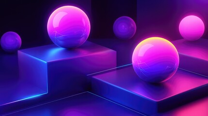 Poster - A glowing high-contrast image of neon spheres placed on geometric platforms, creating an abstract, futuristic look with bold colors and shapes