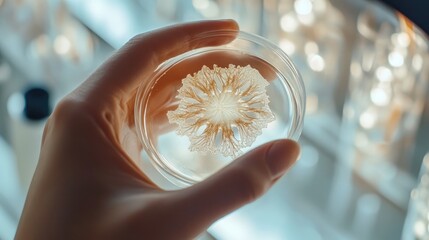 Poster - A hand holding a petri dish with a bacteria culture, showcasing the intricate details of microbial colonies in a clean lab environment