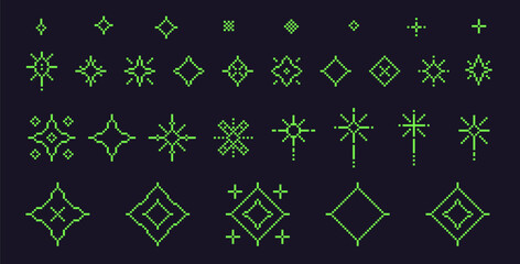 Poster - Pixel art stars. 8 bit sparkles. Magic firework icons in line retro 90s style. shine glitter Christmas decoration. Twinkle y2k snowflakes. Vintage party elements isolated. Vector set illustration.
