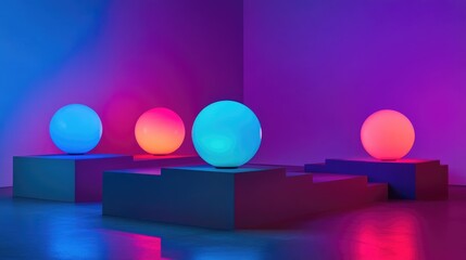 Poster - A high-contrast image of luminous neon spheres placed on geometric platforms, creating a modern and abstract art piece with vibrant colors