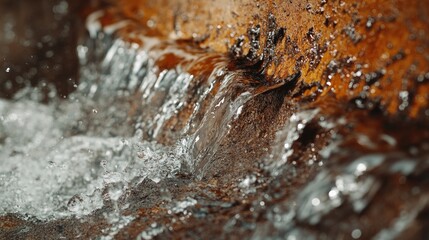 Poster - A high-resolution shot of water streaming from a rusted, corroded stainless steel pipe, emphasizing the wear and tear of the material and the water leakage