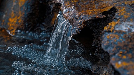 Poster - A high-resolution shot of water streaming from a rusted, corroded stainless steel pipe, emphasizing the wear and tear of the material and the water leakage