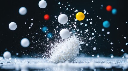 Poster - A high-speed capture of Styrofoam mini balls bursting outward, with colorful particles scattering and motion blur enhancing the sense of action