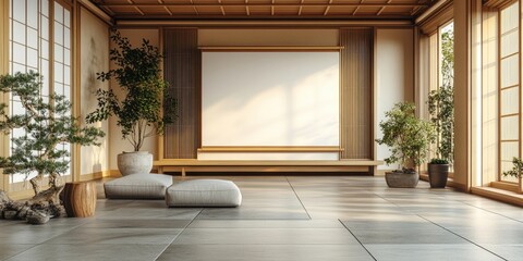 Poster - Tranquil Zen Space with Minimalist Decor, Natural Light, and Blank Wall for Inspired Creativity and Mindful Reflection in a Serene Environment