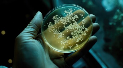 Poster - A laboratory technician hand holding a petri dish with bacteria culture, displaying the growth patterns of microorganisms under controlled conditions
