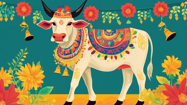 A joyful Mattu Pongal scene with a cow wearing vibrant garlands, bells, and intricate patterns in an Indian cultural setting