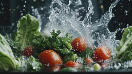 Poster - A lively water splash enveloping fresh vegetables, capturing the energy and freshness of healthy, vibrant produce