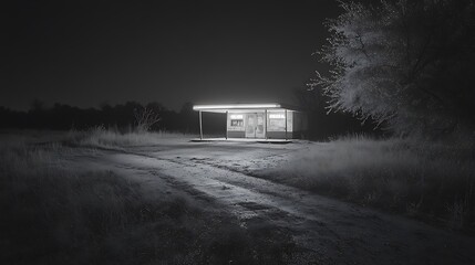Poster - A solitary building illuminated at night, surrounded by overgrown grass and trees, creating an eerie and desolate atmosphere.