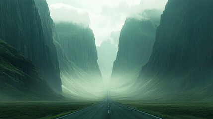 Aufkleber - A long stretch of empty highway framed by towering green peaks, with small patches of mist clinging to the slopes, evoking a sense of solitude and adventure