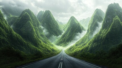 Aufkleber - A long stretch of empty highway framed by towering green peaks, with small patches of mist clinging to the slopes, evoking a sense of solitude and adventure