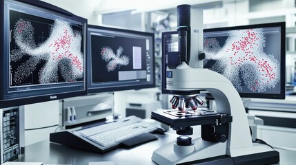 Poster - A microscope focused on nanotech samples, with intricate molecular structures displayed on digital monitors in a sterile and high-tech lab