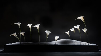 Poster - A minimalist floral display featuring white calla lilies on a black background, perfect for a funeral or memorial setting