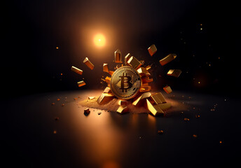 Poster - A gold coin, resembling Bitcoin, powerfully bursts from a pile of gold bars amidst a dynamic explosion effect with a bright light source in the backdrop.