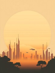 Fototapete - A serene sunset over a futuristic city skyline, featuring tall structures and flying objects, surrounded by silhouettes of trees.