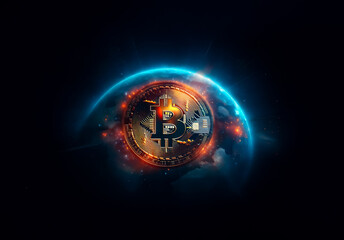 Poster - A glowing bitcoin symbol is centered in a vibrant sphere against a dark background, illustrating digital currency and modern technology concepts.