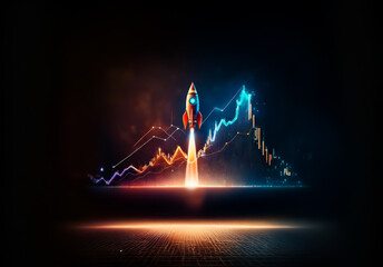 Aufkleber - A rocket ascends dynamically against a backdrop of vibrant financial charts, visually representing rapid growth and market success in a thriving economy.