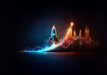 Poster - A rocket launches upwards on a vibrant, glowing graph line against a dark backdrop, illustrating rapid growth and forward momentum.