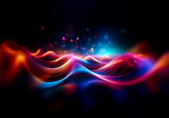 Leinwandbilder - Abstract waves of vibrant colors flow across a dark background, illuminated with bokeh lights, creating a dynamic and visually striking design.