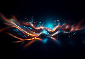 Leinwandbilder - Abstract waves of light flow dynamically across a dark backdrop, showcasing vibrant orange and blue hues with a smooth, glowing effect.