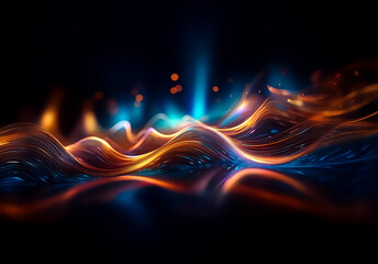 Fototapete - Abstract glowing waves of orange and blue light flow and ripple on a dark surface, creating a dynamic and futuristic feel with bokeh lights above.