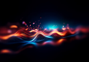 Fototapete - Abstract flowing light waves in vibrant orange and blue hues create a dynamic visual on a dark backdrop. The lines pulse with implied energy and motion.