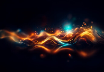 Aufkleber - Abstract light waves flow across a dark backdrop, showcasing a vibrant blend of orange, yellow, and blue hues, creating a dynamic and luminous effect.