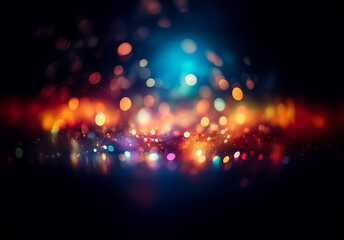Poster - Abstract blurry lights on dark backdrop. Bokeh effect with vibrant colors like orange, blue, purple, and yellow. Dreamy and glowing atmosphere.