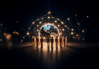 Fototapete - Global network connecting people.  Figures stand around a glowing Earth, illuminated by digital connections, representing worldwide collaboration and technology.