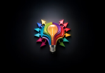 Poster - Layered colorful lightbulb with arrows pointing outwards on black background. Symbolizing ideas, creativity and innovation spreading.