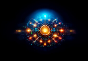Aufkleber - Futuristic glowing circular tech element with vibrant blue and orange lights, set against a dark backdrop. Abstract digital design.
