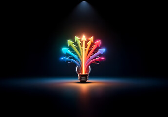 Aufkleber - A bright idea emerges as colorful arrows burst from a lightbulb in the dark, illuminated by a spotlight, representing innovation and creative solutions.