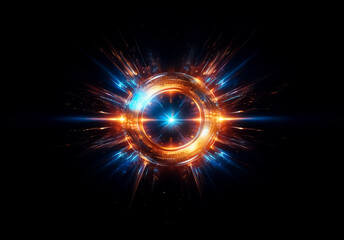 Poster - Vibrant circular light erupts against darkness, radiating orange and blue hues. A dynamic burst of energy, glowing intensely with a futuristic and abstract feel.