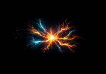 Poster - A vibrant burst of energy radiates outward, illuminating a central point with streaks of fiery orange and cool blue against a stark black background.