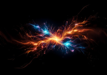 Aufkleber - A vivid abstract depiction of a luminous explosion. Fiery orange and electric blue energy bursts from a central point against a stark black background.