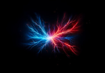 Aufkleber - Vibrant blue and red lightning bolts collide powerfully in the center against a stark black backdrop, creating an energetic visual effect.