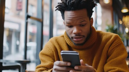 young african american man engrossed in his phone at a coffee shop