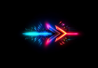Aufkleber - A dynamic, futuristic arrow with vibrant neon lights in blue and red colors pointing right on a dark black background.