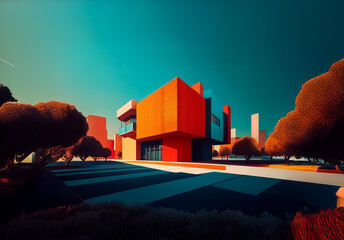 Leinwandbilder - A vibrant orange modern building with geometric shapes stands against a teal sky, surrounded by stylized trees and a stylized road.