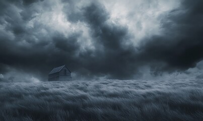 Poster - A desolate landscape featuring a solitary house amidst rolling fog and dark, ominous clouds, evoking a sense of mystery and foreboding.