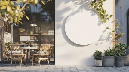 Poster - A modern, round signboard with a simple white backdrop, mounted in front of a chic cafe with a cozy outdoor seating area
