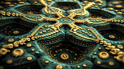 Poster - Close up of blue and gold abstract pattern with textured surfaces and intricate details