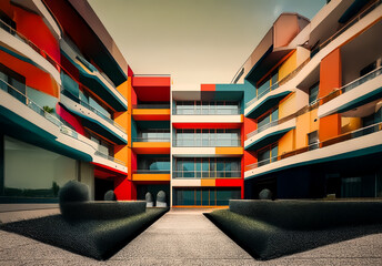 Fototapete - Modern building with vibrant, colorful facade in red, orange, blue, and green. Exterior courtyard view showcasing balconies and windows in daylight.