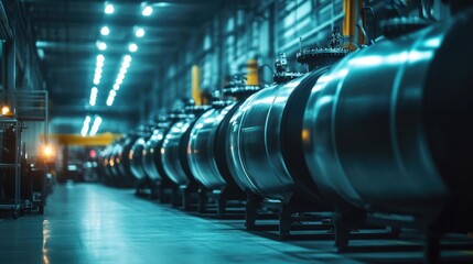 Poster - A neat row of large industrial compressed gas tanks in a factory, under bright lights, showcasing their metallic surface and robust design